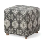 Goldoma gray cube ottoman with wood base and brown faux leather sides, used as a footrest