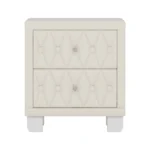 Beige velvet nightstand with two drawers and crystal knobs tufted bedside table for bedroom storage