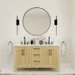 Fully assembled freestanding plywood vanity with a single sink, positioned in a modern bathroom with neutral decor.