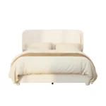 Goldoma queen bed frame with adjustable height headboard and curved cloud boucle upholstery in a modern bedroom setting