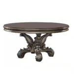 Gray solid pine wood round dining table 60 inch with pedestal base in a dining room setting