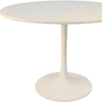 White marble round dining table 40 inch with iron pedestal base in a modern dining room setting