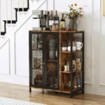 Mid-century modern storage cabinet with doors and mesh panels in a living room