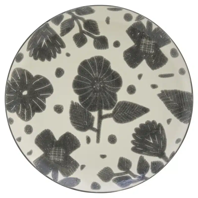 HMS Luxury Round Floral Ceramic Dinnerware Set Sixteen Piece Stoneware Service for Four-Gray and Ivory – close-up detail