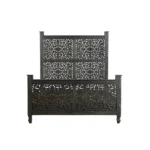 Goldoma Black Carved Floral Distressed Solid Wood Queen Bed Frame - elegant carved wood bed frame with intricate floral motifs and vintage black finish
