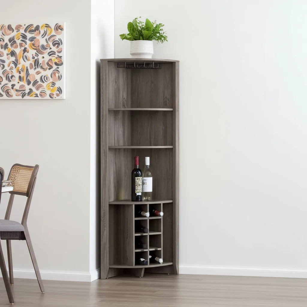 H3ce8d3dcb7e04c09834bf1e29947f410H.webp HMS 71 Dark Brown Wood Industrial Luxury Corner Bar Cabinet Mirrored Wine Display Cabinet with Glass for Home Furniture - Image 1