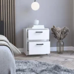Trivor 2-drawer nightstand in white with metal handles, compact storage side table for bedroom