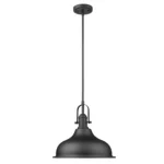Antique style hanging light with matte black dome shade and rattan accents, suspended over a wooden dining table.