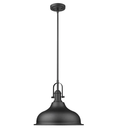 Antique style hanging light with matte black dome shade and rattan accents, suspended over a wooden dining table.