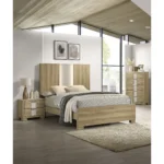 Driftwood nightstand two drawer with wooden construction and minimalist design in bedroom setting