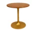 Brown and gold round pedestal small space dining table with solid wood top and iron base