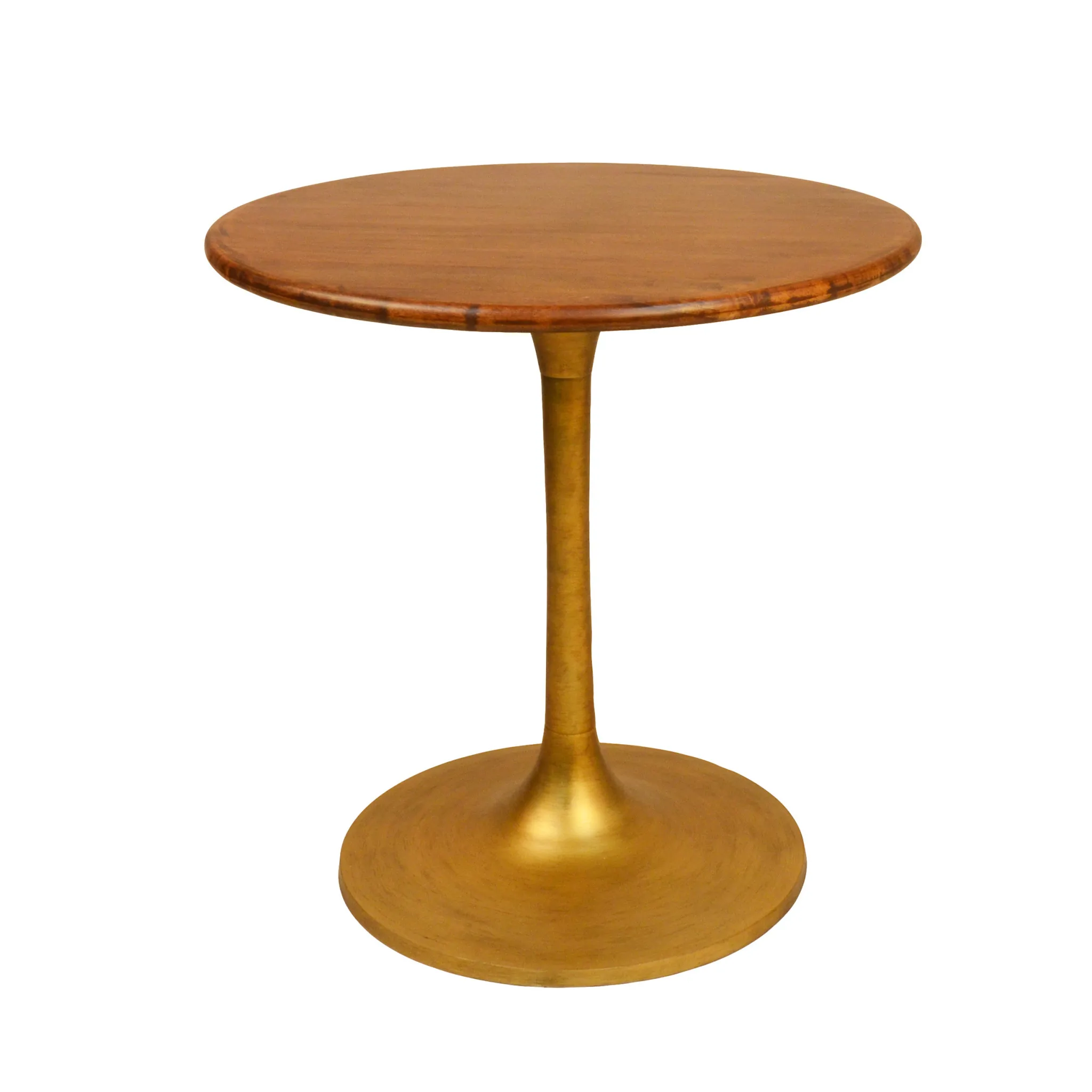 Brown and gold round pedestal small space dining table with solid wood top and iron base