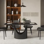 Modern marble texture dining table with sintered stone top and black metal base – Goldoma rectangular dining table