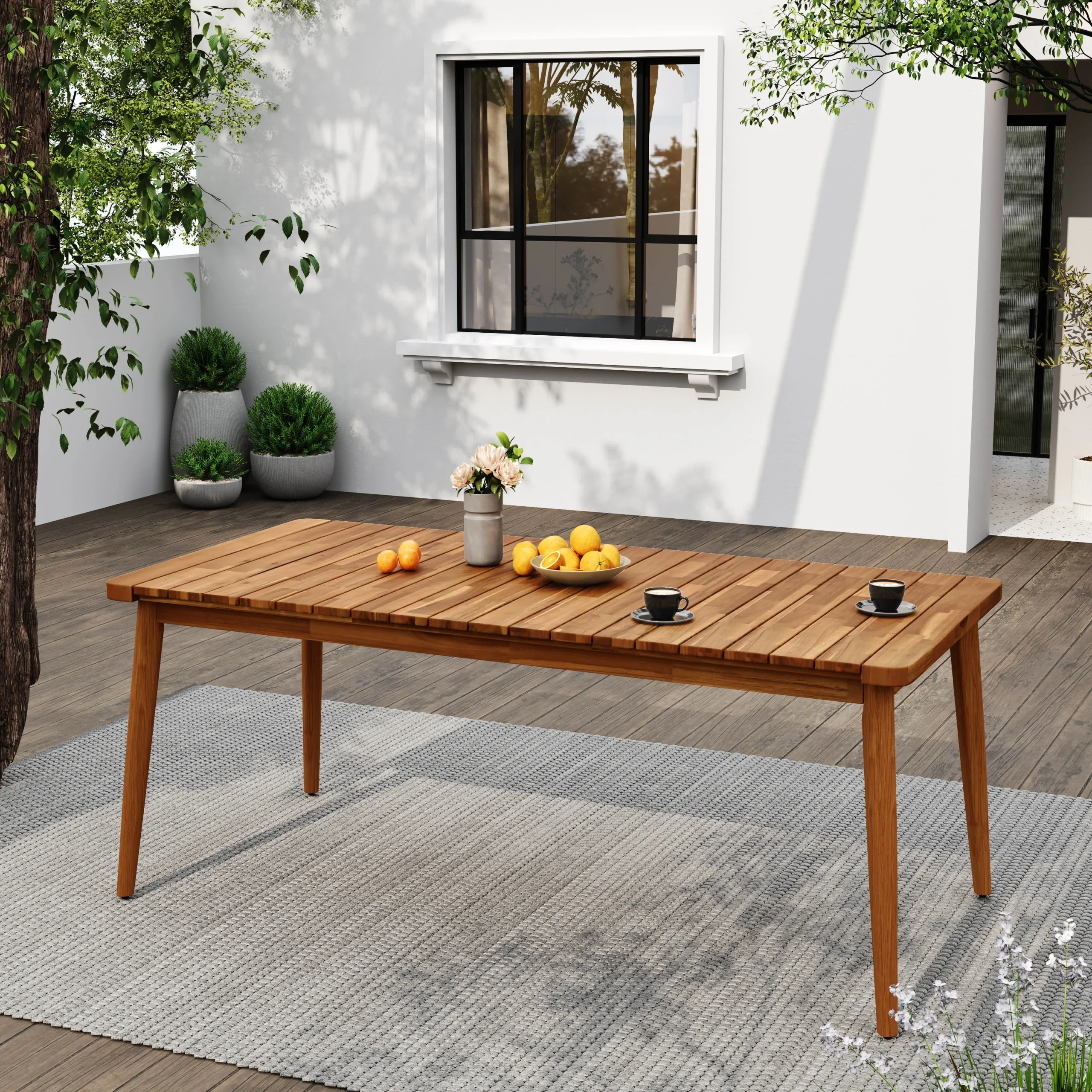 H3d3ea4c41263480a8dc18ceacaf5dd2f5.webp Acacia wood dining table for 6 people on a patio, modern outdoor furniture from Goldoma