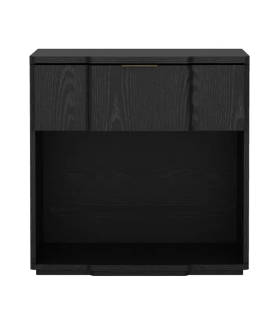 Modern black wood nightstand with drawer and open shelf for bedroom storage