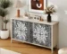 Modern rustic wooden buffet cabinet with four doors and adjustable shelves in a living room