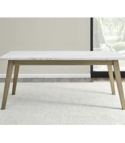 Vida white marble top dining table with brown wood legs in a mid-century modern style, seating six