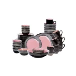 Customizable 48 Piece Pink Ceramic Dinnerware Set with Plant Pattern for Hotels and Restaurants Includes Rice Dishes Bowls
