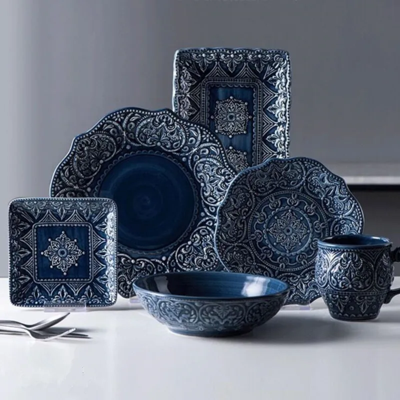 H3dc5beb6585943f9a27788e5124150abM.webp Relief Western Dinner Plates Set Dinnerware Ceramic Tray Steak Dish Dessert Noodle Bowl Cup Series For Home Hotel Use - Image 1