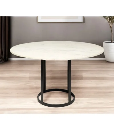 48 inch white and black round marble pedestal dining table with metal base