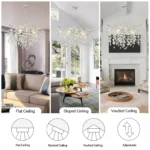 Modern crystal chandelier with chrome K9 crystal tree branches hanging in a dining room