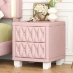 Modern solid wood nightstand with two drawers in a minimalist bedroom setting