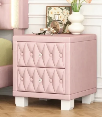 Modern solid wood nightstand with two drawers in a minimalist bedroom setting