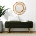Green oval storage ottoman bench with rubber wood legs and lid open showing interior storage space