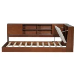 Goldoma L-shaped wooden twin bed with upholstered headboard, bookcase storage, and USB ports in a corner setup