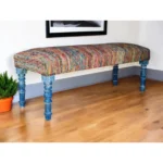 Goldoma 47-inch rainbow stripe upholstered bench with blue legs and hidden storage, perfect for entryway or bedroom