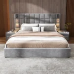 Goldoma California king upholstered bed frame with USB ports and wall sconces in gray velvet