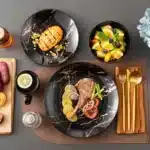 2021 LOVECASA Black 16/32/48 Piece Procelain Dinnerware Set Design By Gold Splash with Dinner Plate,Cake plate,Bowls,Coffee