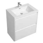 Side angle of the floor standing 30-inch vanity cabinet with soft closing doors, set against a tiled bathroom wall.