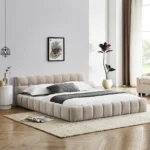 Queen size upholstered bed frame with thick chenille fabric and plush headboard by Goldoma