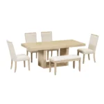 Contemporary extendable dining table set with bench in natural beige finish by Goldoma