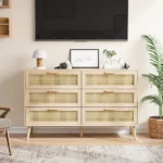 Modern European rattan dresser with six drawers and solid oak handles in a bedroom