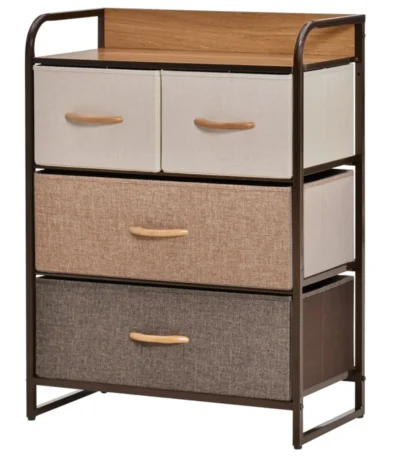 Chester 4-bin fabric storage dresser with steel frame and MDF top, featuring multicolored bins