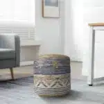 Goldoma 18" Blue Cylinder Geometric Pouf Ottoman - MDF Leather & Jute – base detail