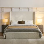 Goldoma queen upholstered wingback platform bed with adjustable 54-inch headboard in oak wood and fabric upholstery