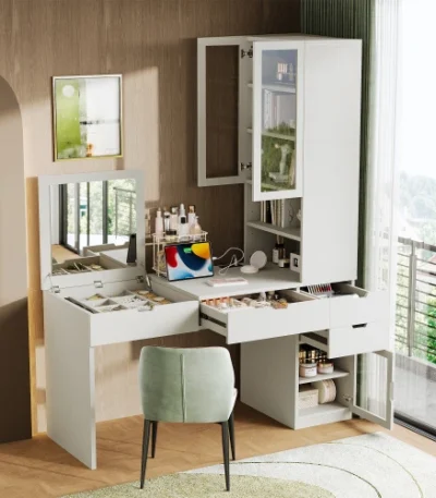 Modern Vanity Desk with Mirror and Charging Station, Computer Desk with Drawers, Cabinets and Open Shelves
