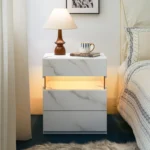 LED nightstand 3 drawer with white stone acrylic finish, featuring three storage drawers and ambient LED lighting.