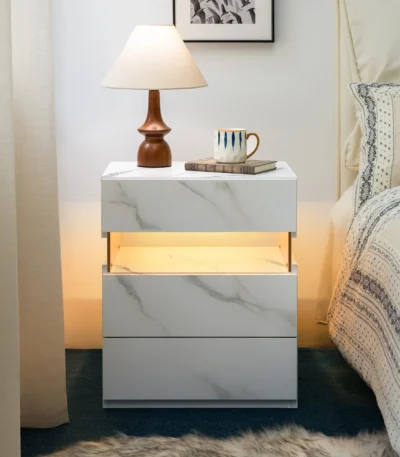 LED nightstand 3 drawer with white stone acrylic finish, featuring three storage drawers and ambient LED lighting.
