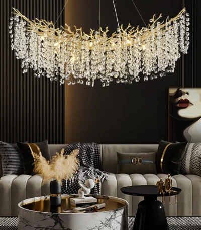 Crystal Chandelier Modern Chandelier Round Farmhouse Tree Branch Light for Dining Room Living Room Kitchen Island Bedroom