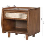 Walnut nightstand with rattan detail featuring a drawer and open shelf in a modern bedroom setting