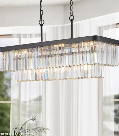 US Stock Free Shipping Living Dining Room 11-Light Rectangle Crystal Pendant Light Matte Black Modern Chandelier