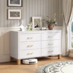 Goldoma M 6-Drawer Double Dresser in white with solid wood legs, modern storage cabinet for bedroom organization