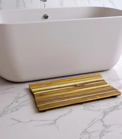 HMS 31" Brown Teak Slat Non-Slip Bath Mat Anti-Slip Shower Rug with Children's Design for Bathroom Floor