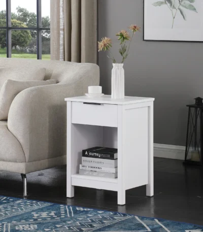 Modern white 3-tier nightstand with drawer and open shelves, compact bedside table for bedroom or living room