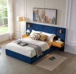 Queen size modern adjustable velvet bed frame with vertical channel tufted wingback headboard in a stylish bedroom setting