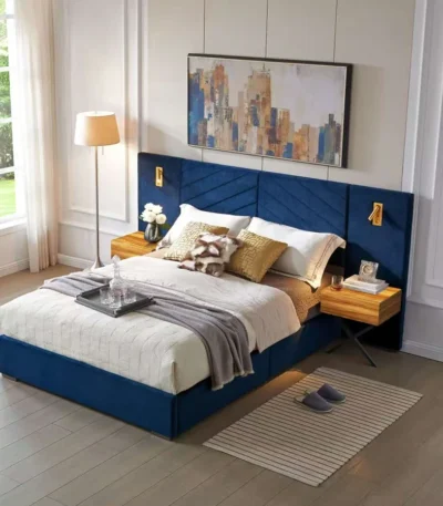 Queen size modern adjustable velvet bed frame with vertical channel tufted wingback headboard in a stylish bedroom setting